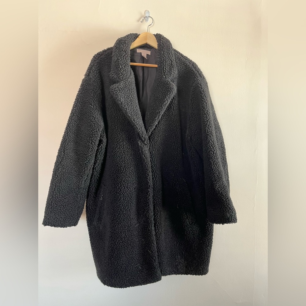 H&M Faux Shearling Black Midi Coat XL